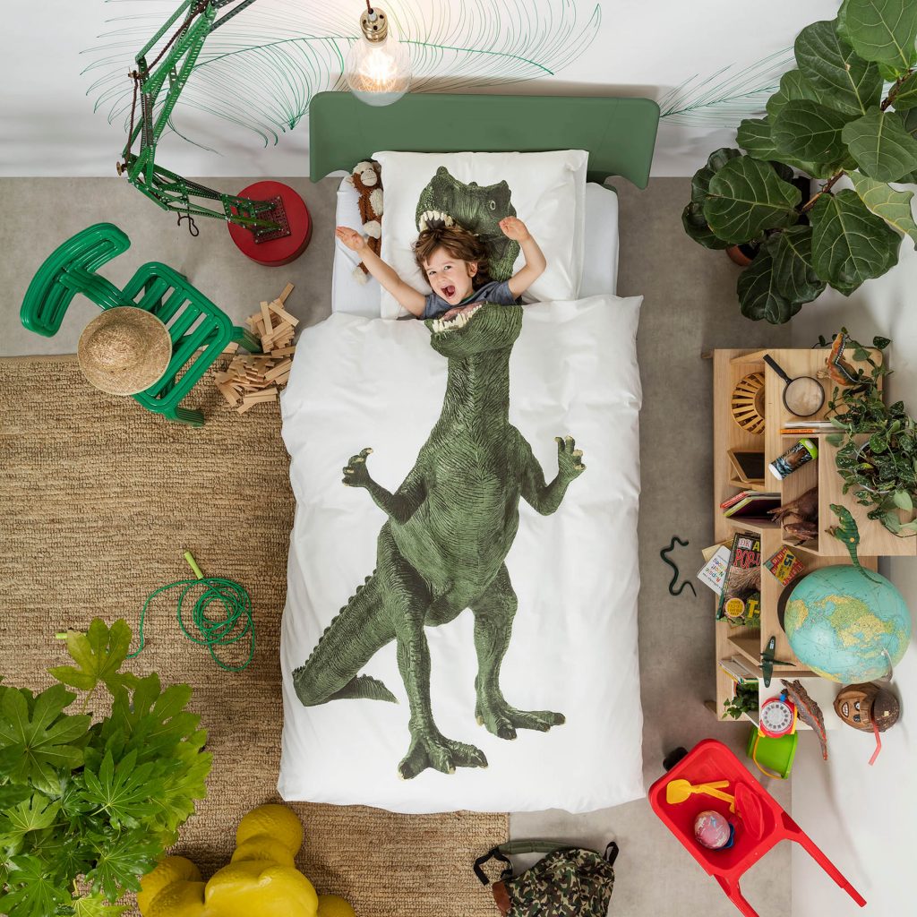 SNURK kinderdekbedovertrek met dinosaurus print in biologisch katoen, homemade fotoprint geproduceerd in Portugal