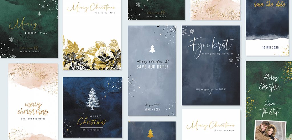 Overzicht kerst save the date kaarten met donkergroene achtergrond en gouden accenten voor huwelijksaankondigingen