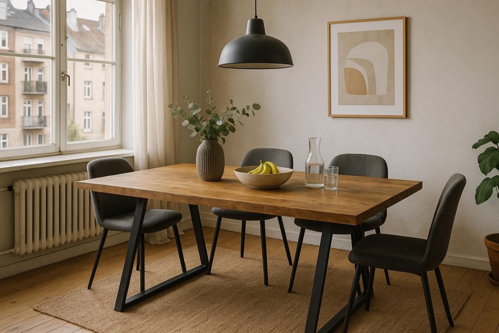 Rechthoekige eettafel van mangohout met warm nerfpatroon en minimalistische design in moderne eetkamer
