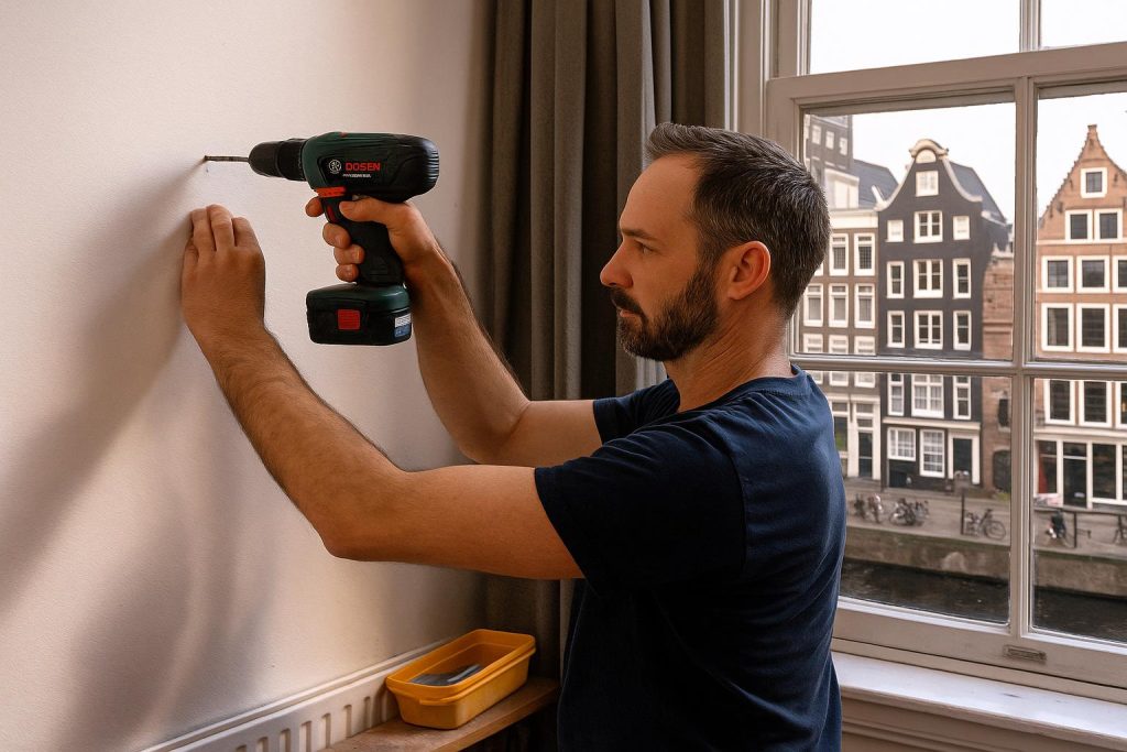 Overzicht van veelvoorkomende klussen in Amsterdam: wandmontage, leidingwerk, kozijnonderhoud en ruimteoptimalisatie in compa